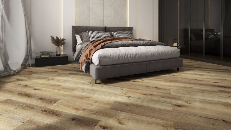 Boden in einem modernen Schlafzimmer, warmes Holz.